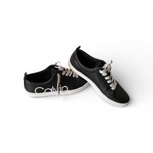 Calvin Klein Black with Logo lace up and faux leather sneakers sz 8.5
